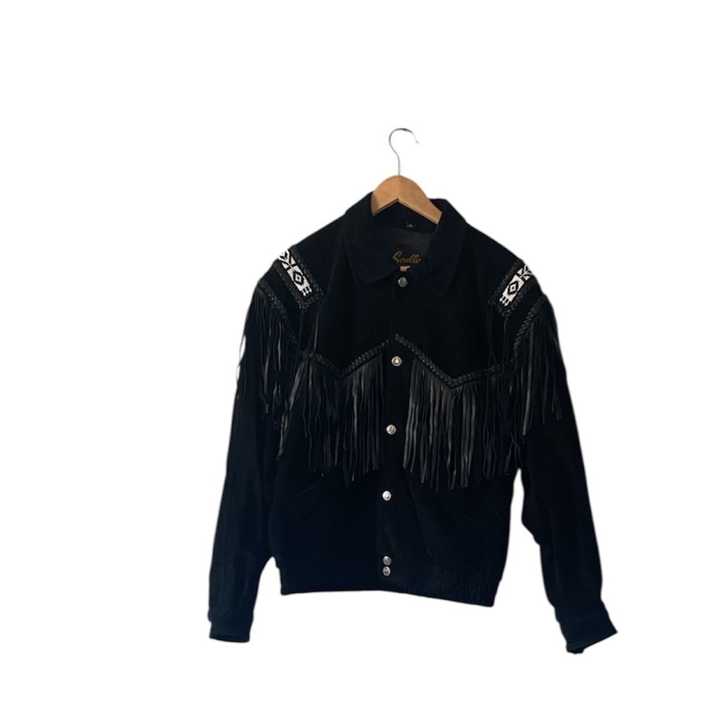 Vintage Round Up Black Suede
Leather Fringe Jacket, Women's Size
42- Western